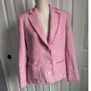 Vintage 90's JONES NEW YORK Signature Pink Tweed Raw Edge Jacket Size 10